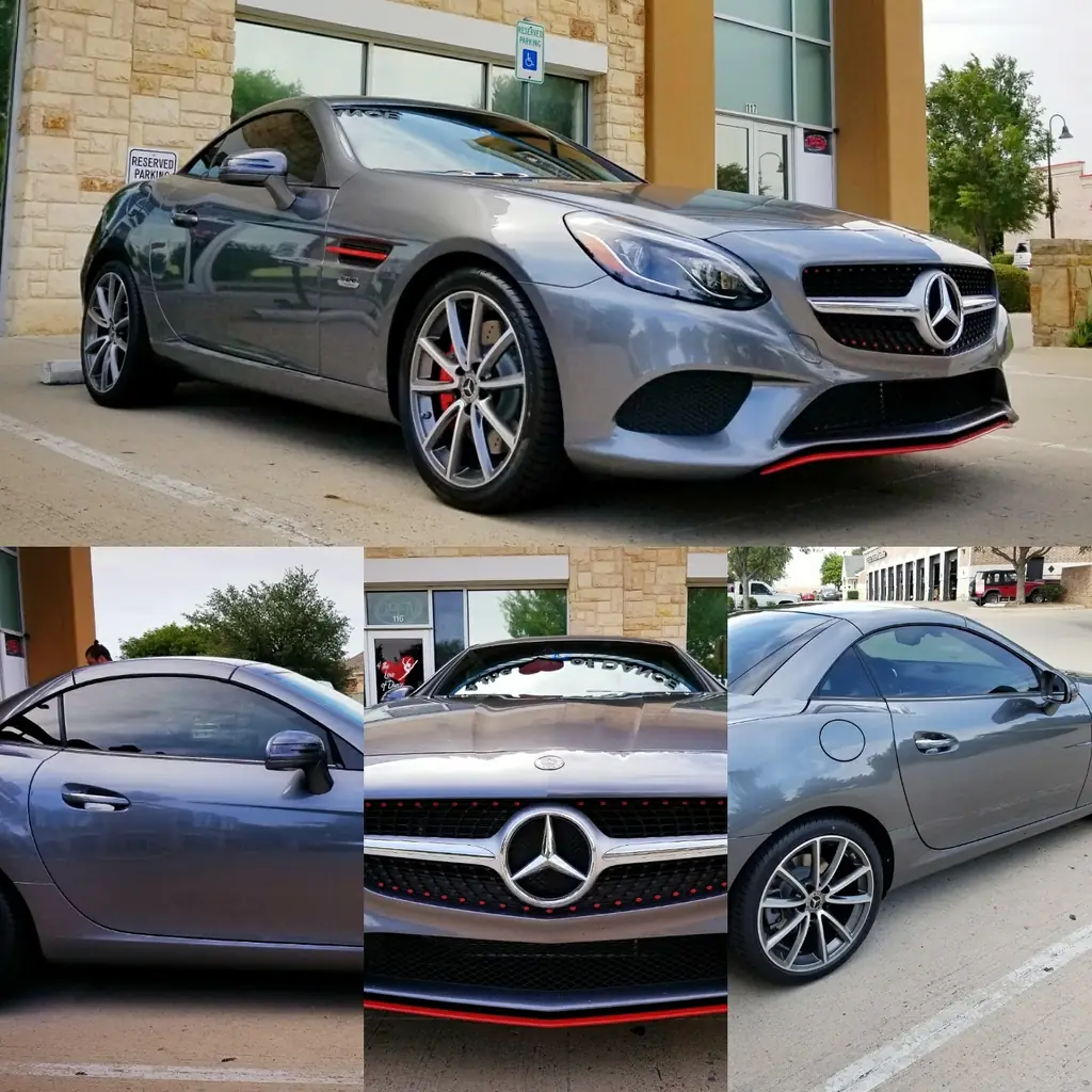 A silver Mercedes-AMG SLC photographed from four angles after tinting